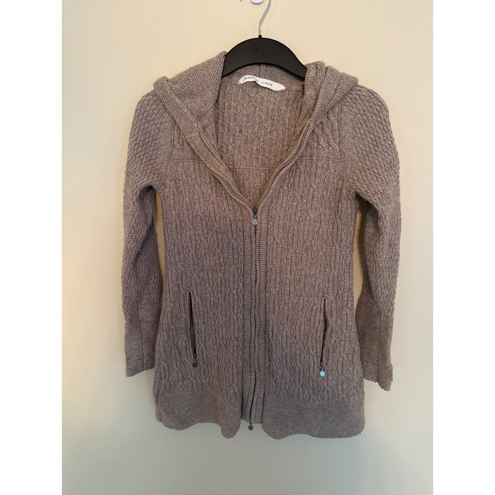 Athleta Womens Taupe Cable Knit Full Zip Hoodie Sweater Thumbholes S 919118